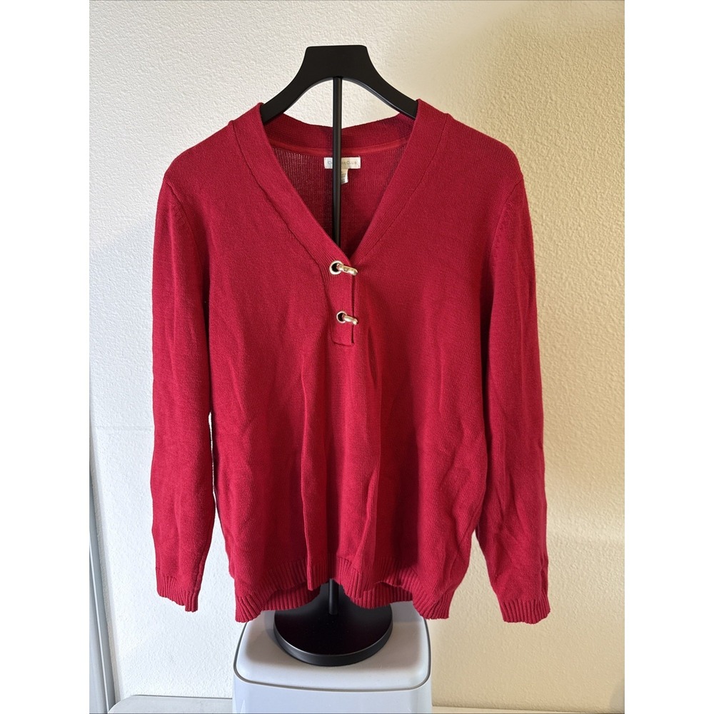 Charter Club Woman's Red V Neck Gold Toggle Closure Knit Tunic Sweater Size XL
